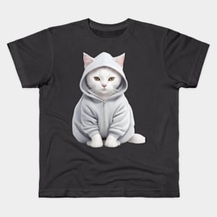 White British shorthair cat wearing hoodie Kids T-Shirt